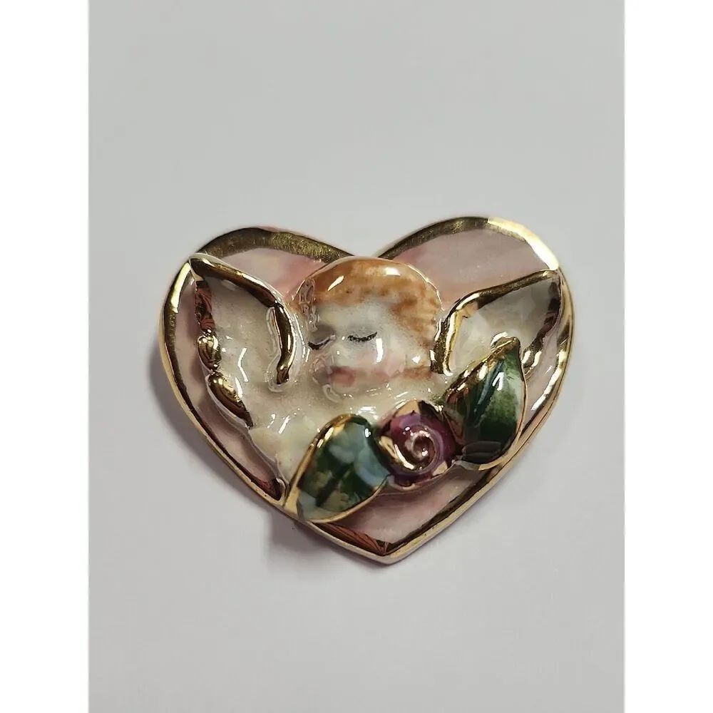 Heart Angel Porcelain Brooch with Pink and Gold Accents